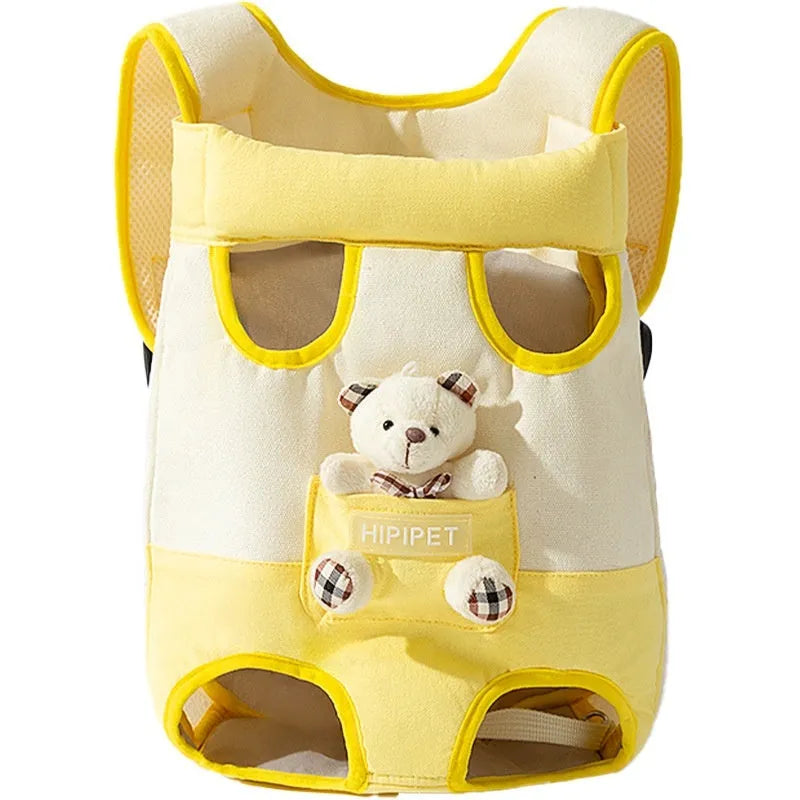 Cartoon animal pattern pet carrier bag in canvas with pearl cotton lining, showing Beka yellow bear design
