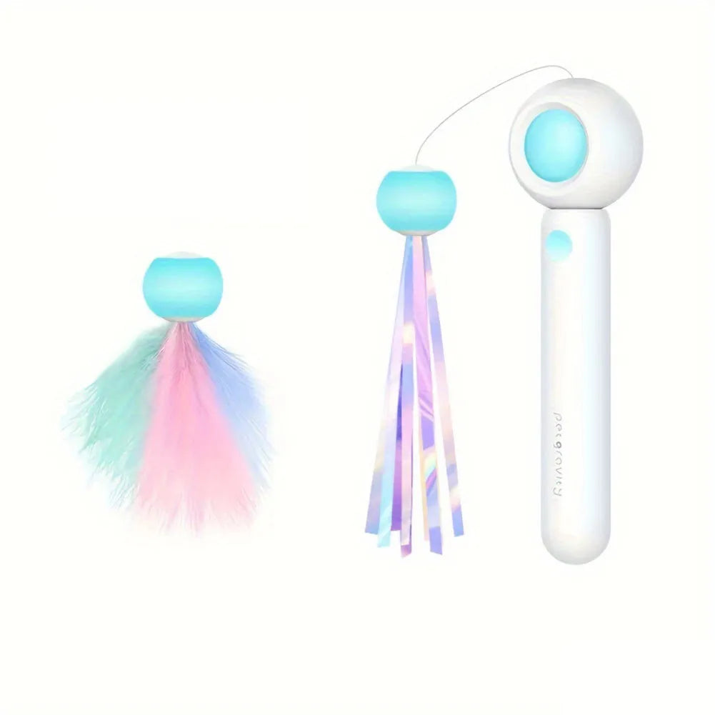 Retractable cat teaser stick with replacement feather head, 85g, available in blue or pink