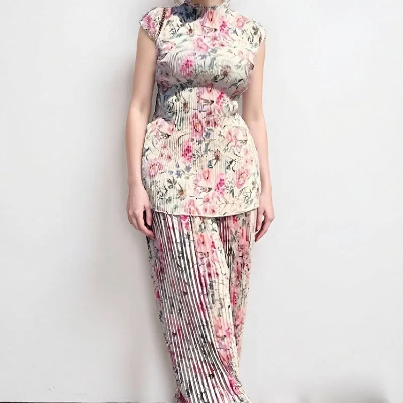 Long sleeve printed chiffon dress set showing separate high-waisted skirt and top.