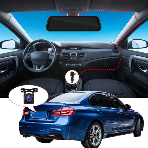 9.66-inch black car dash cam mirror with touch screen, showing split-screen display for front and rear camera feeds.