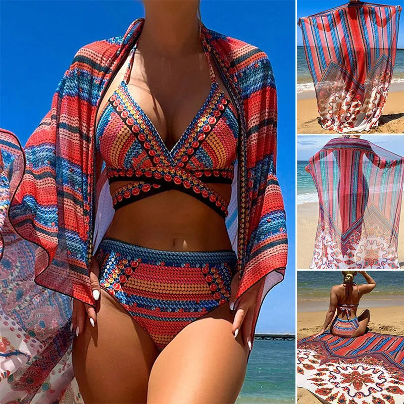Ladies three-piece swimsuit set with high-waisted briefs, cutout blouse top, and a long coat.