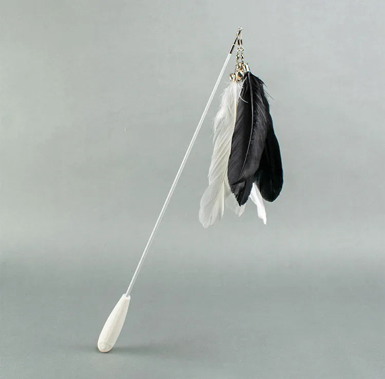 Telescopic cat fishing rod toy with goose feather attachments and a removable bell, shown extended and collapsed.