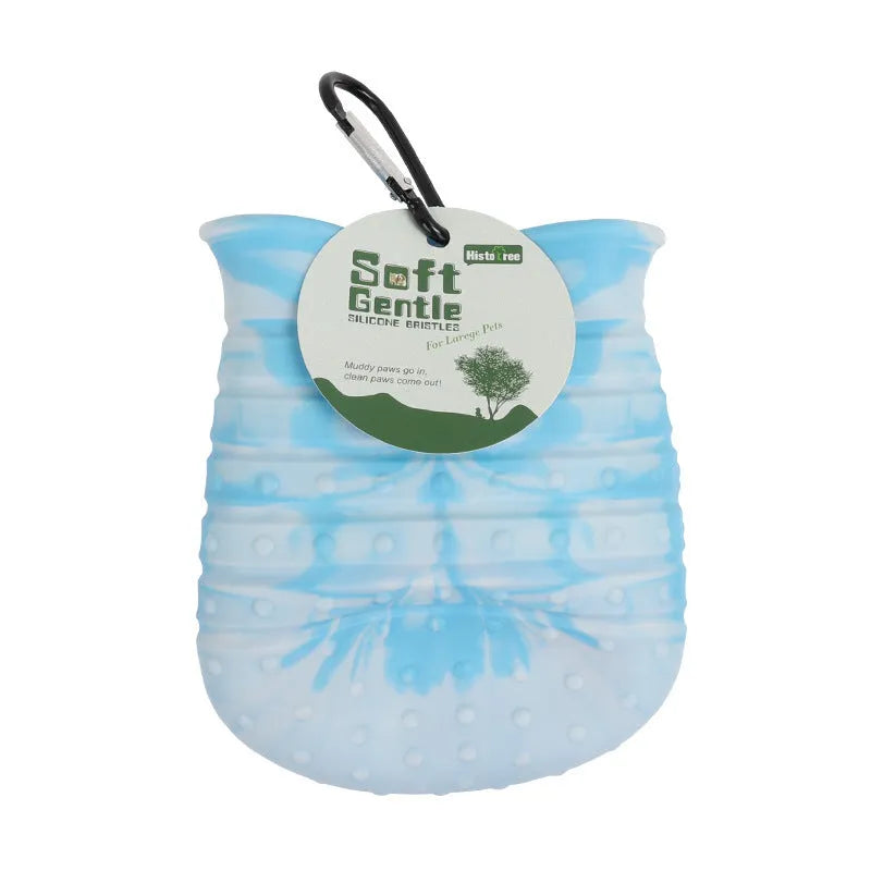Blue 2-in-1 dog paw cleaner cup with silicone bristles and hook for portable use
