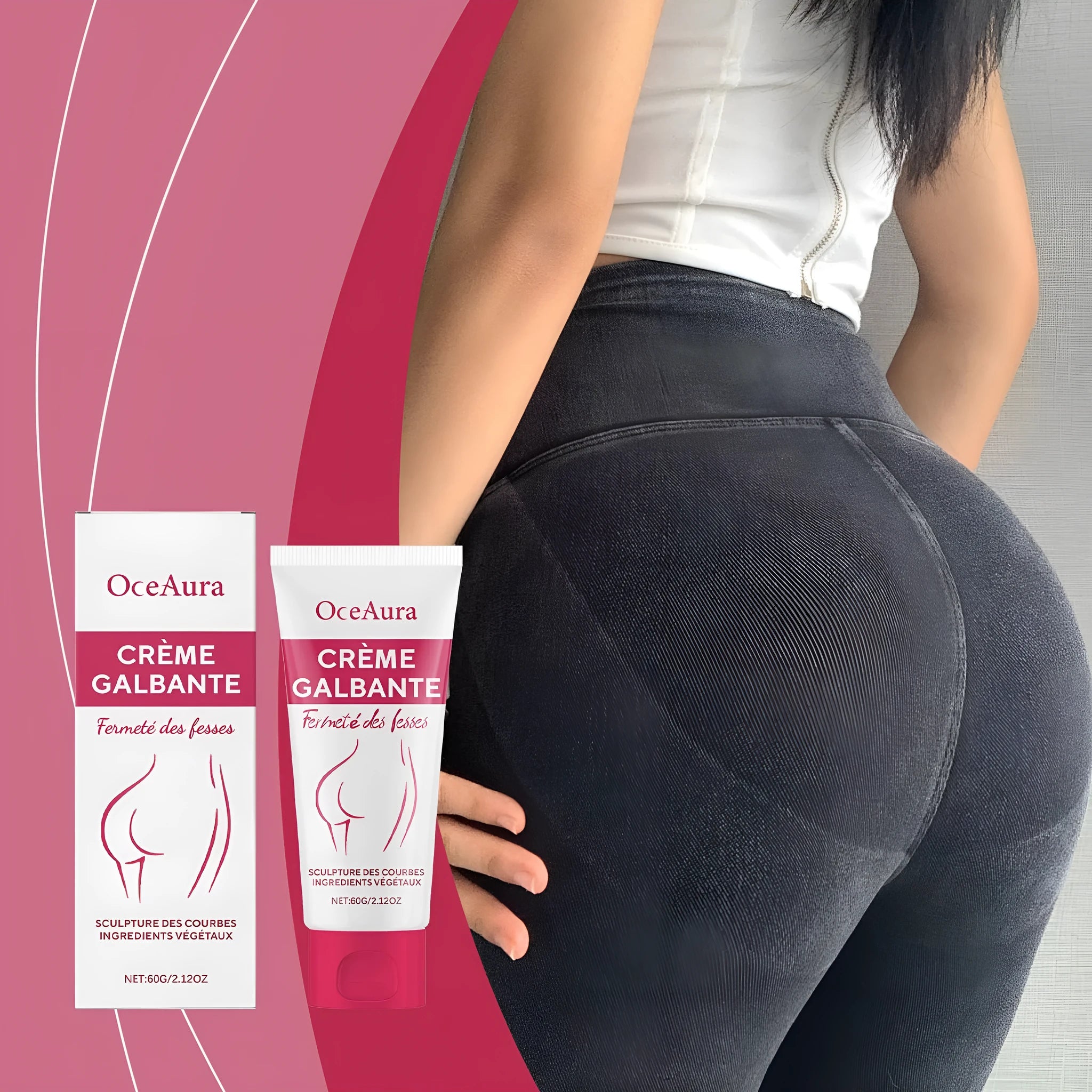 60g hip tightening cream container with botanical extracts including centella and coffee seed