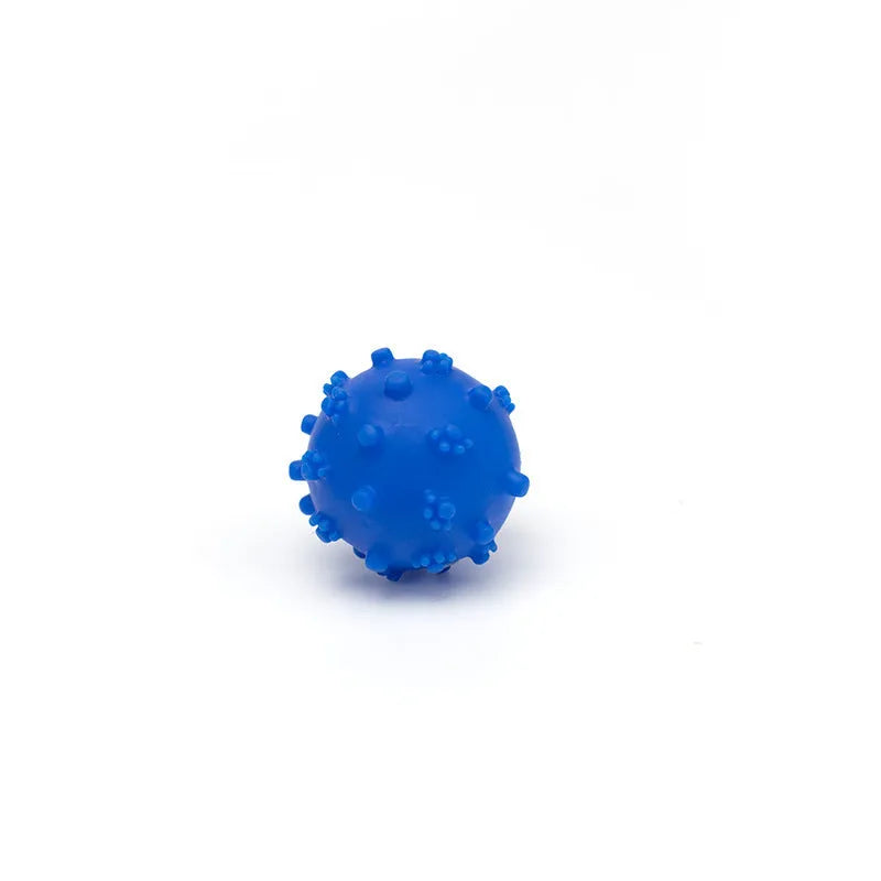 Bright blue spiky squeaky dog ball with paw-print dimples, 2 inches in diameter.