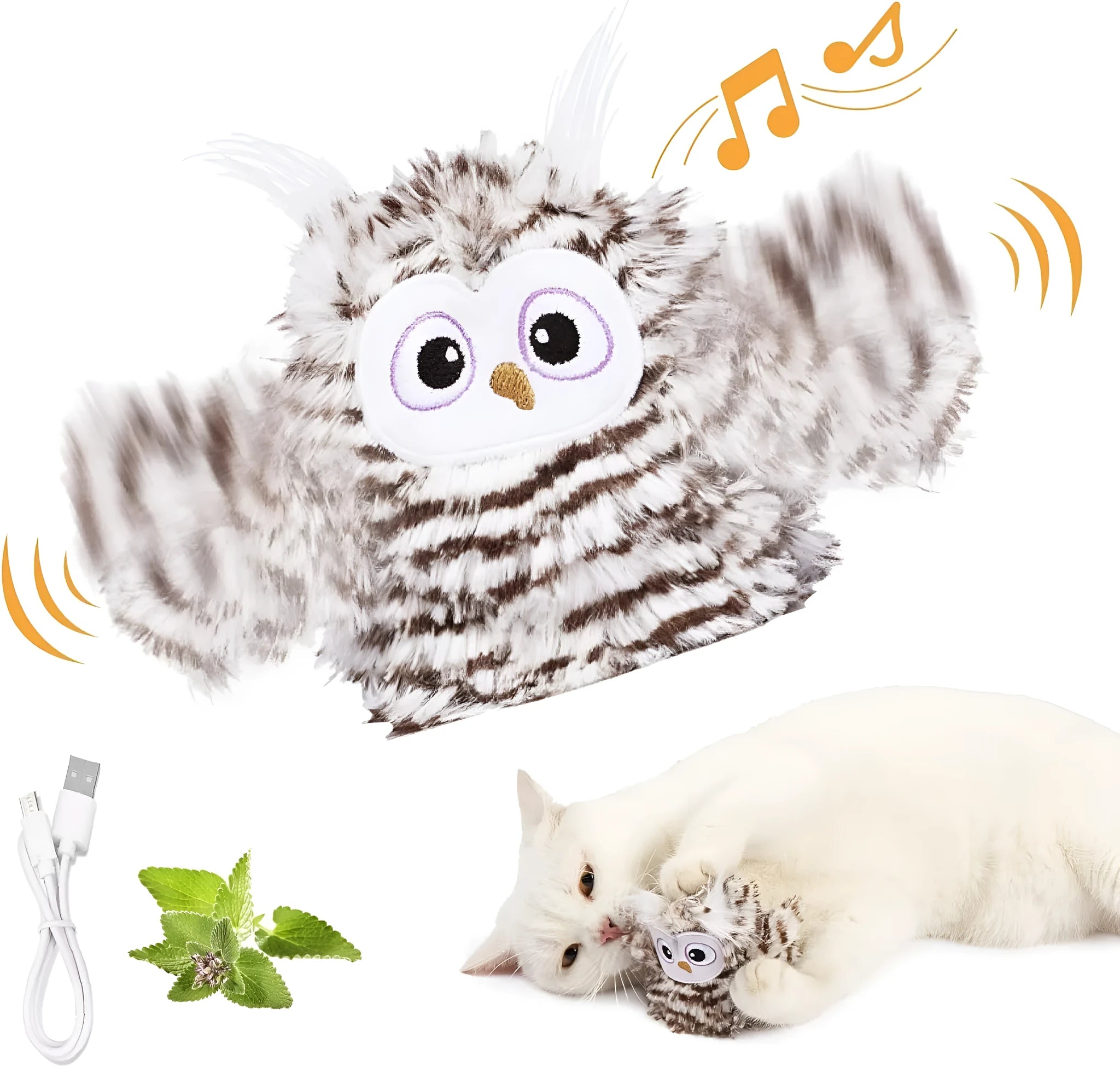 Grey automatic owl cat toy with flapping wings on a floor