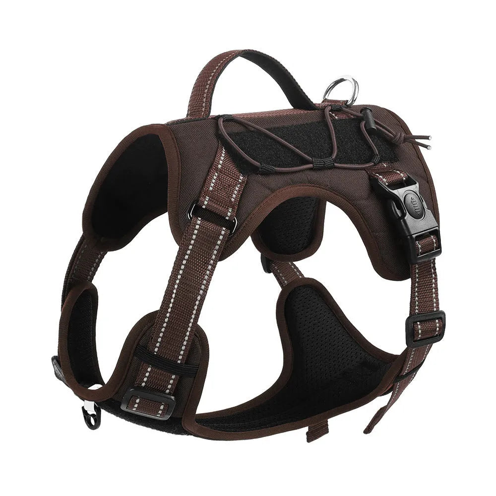 Orange dog harness with reflective trim, showing the explosion-proof chest strap and attached black hand-holding rope.