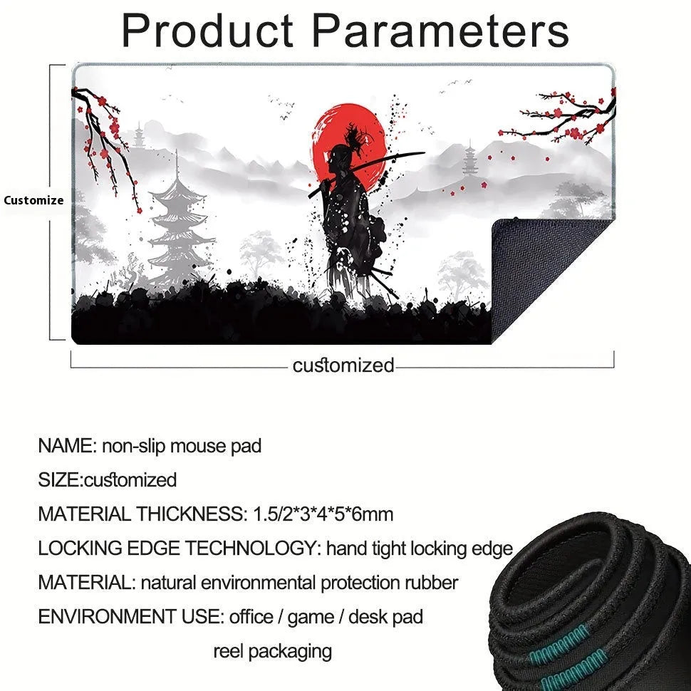 Japanese samurai themed cloth gaming mouse pad with non-slip base on a desk.
