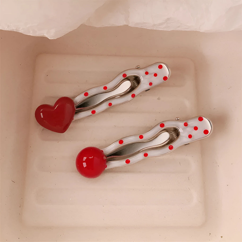 Red love heart-shaped hair barrette with 3D design, retro dots, and willow leaf decoration.
