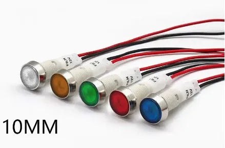 10mm stainless steel edge plastic indicator light with wire and flat metal end in multiple colours.