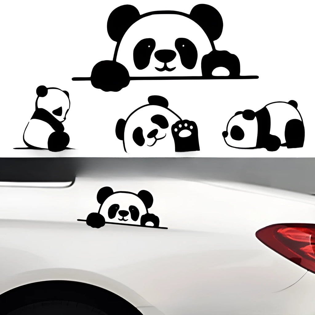 Peeking Panda design vinyl car sticker shown on a vehicle window in black, white and laser colour options.