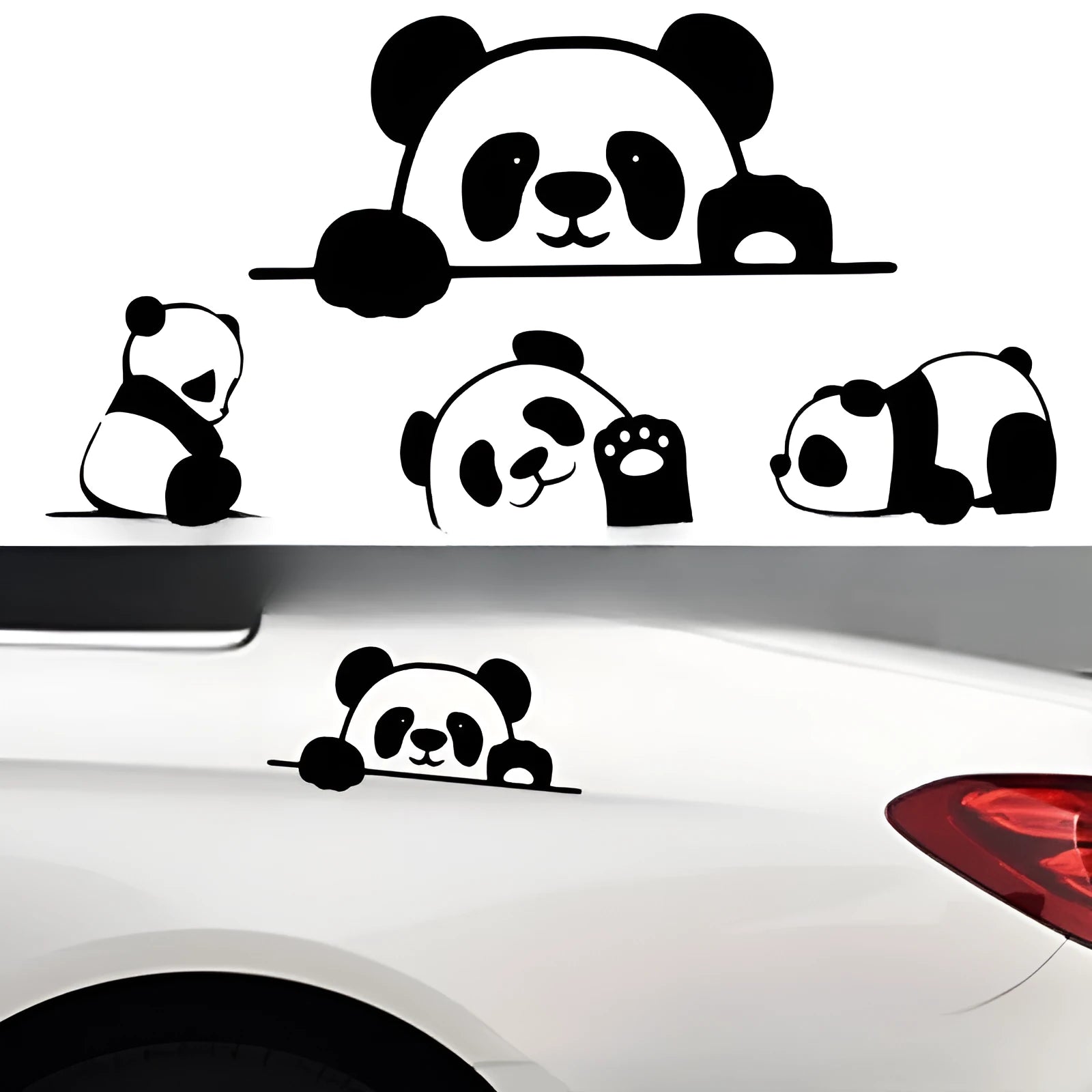 Peeking Panda design vinyl car sticker shown on a vehicle window in black, white and laser colour options.