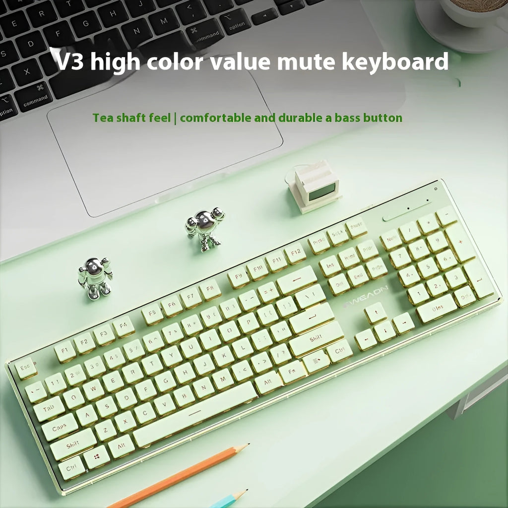Prewalker V3 mechanical feel keyboard and mouse set in retro green colour on a desk.