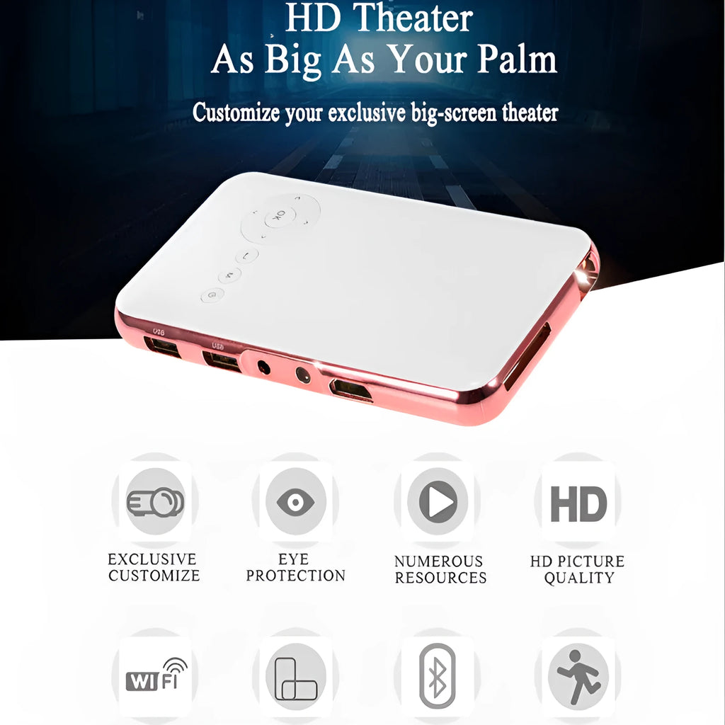 M6S white and rose gold miniature portable Android projector showing compact 145x80mm dimensions