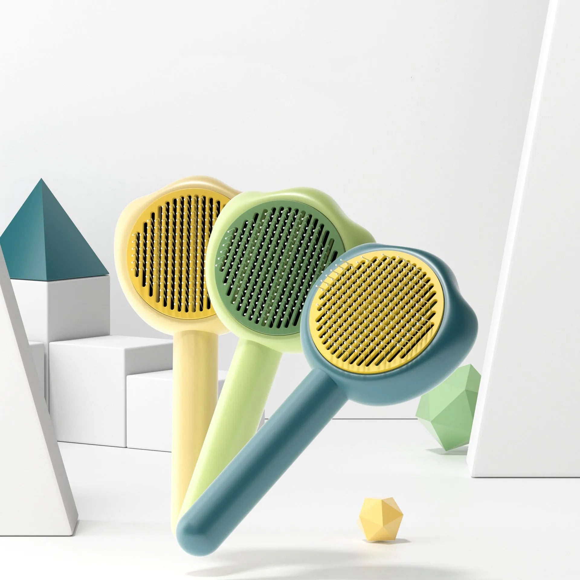 Self-cleaning pet grooming comb with removable hair plate in blue, green or yellow colours