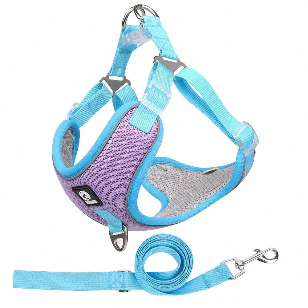 Adjustable dog harness with reflective strips in black, red, gray, or light purple colours