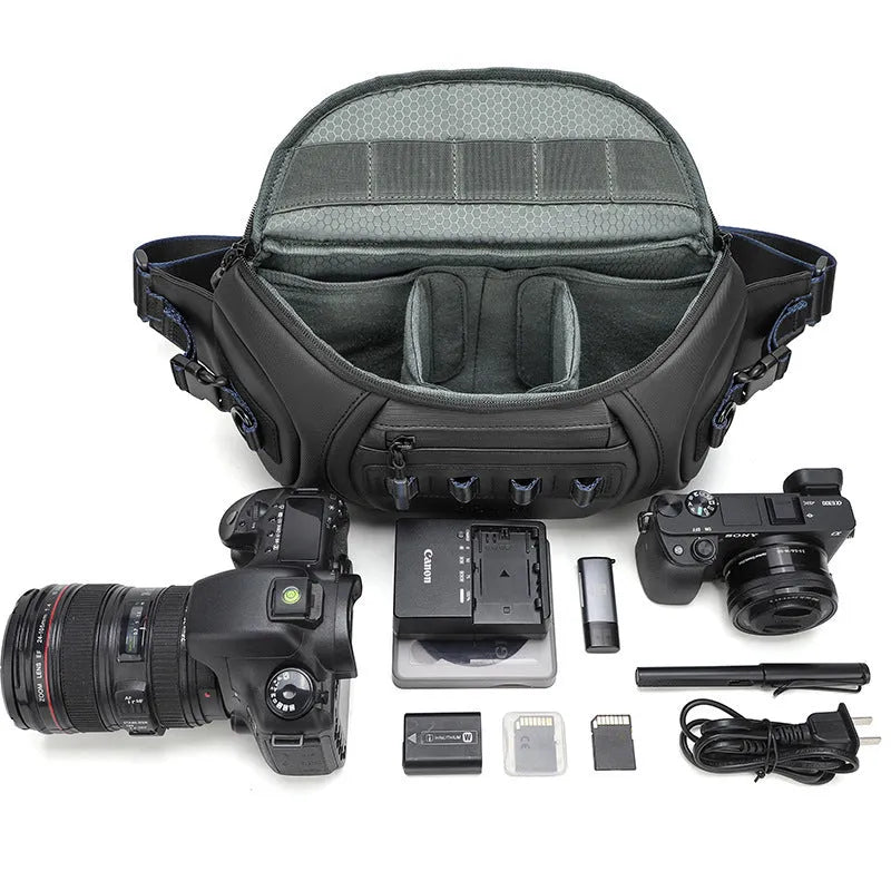 Waterproof Oxford cloth camera shoulder bag shown in black, grey, and green colour options.